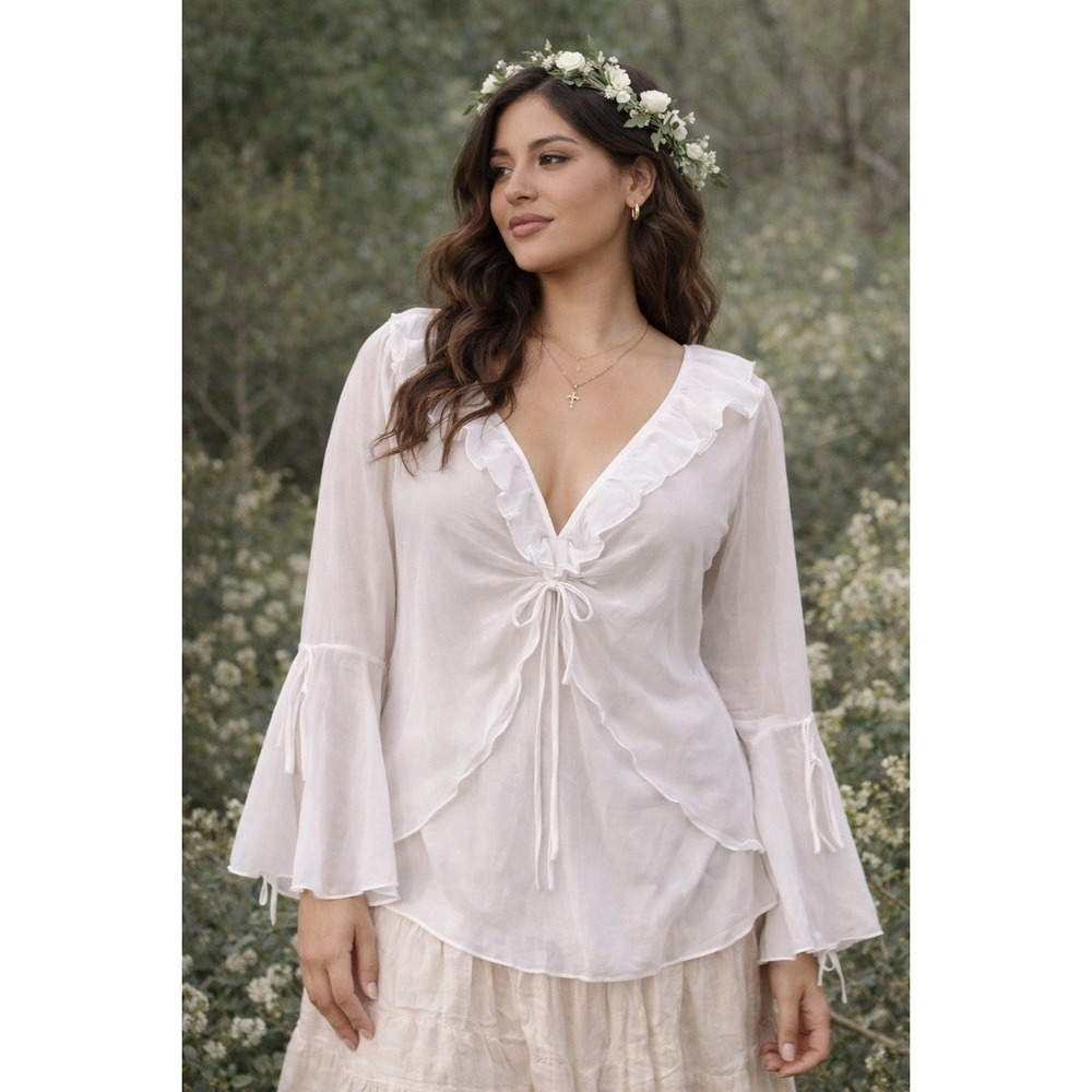 White Sheer Ruffle Blouse Boho Cottagecore Fairycore Flowy Bell Sleeve Top